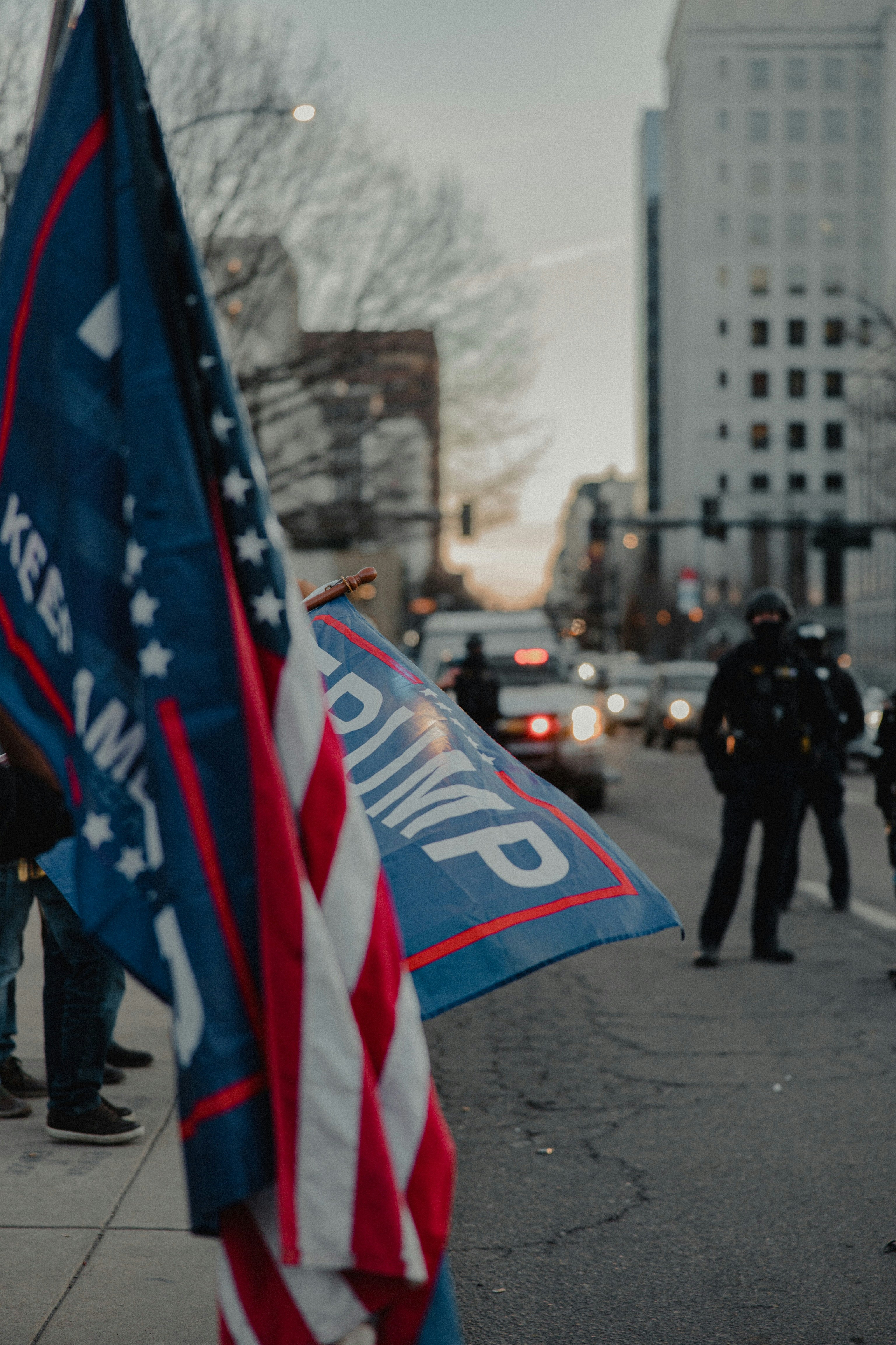 people walking on street holding us a flag during daytime